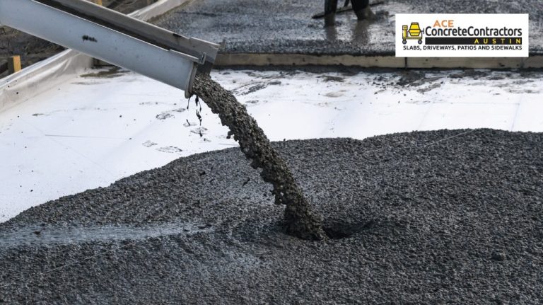 chute pouring a wet concrete on foundation